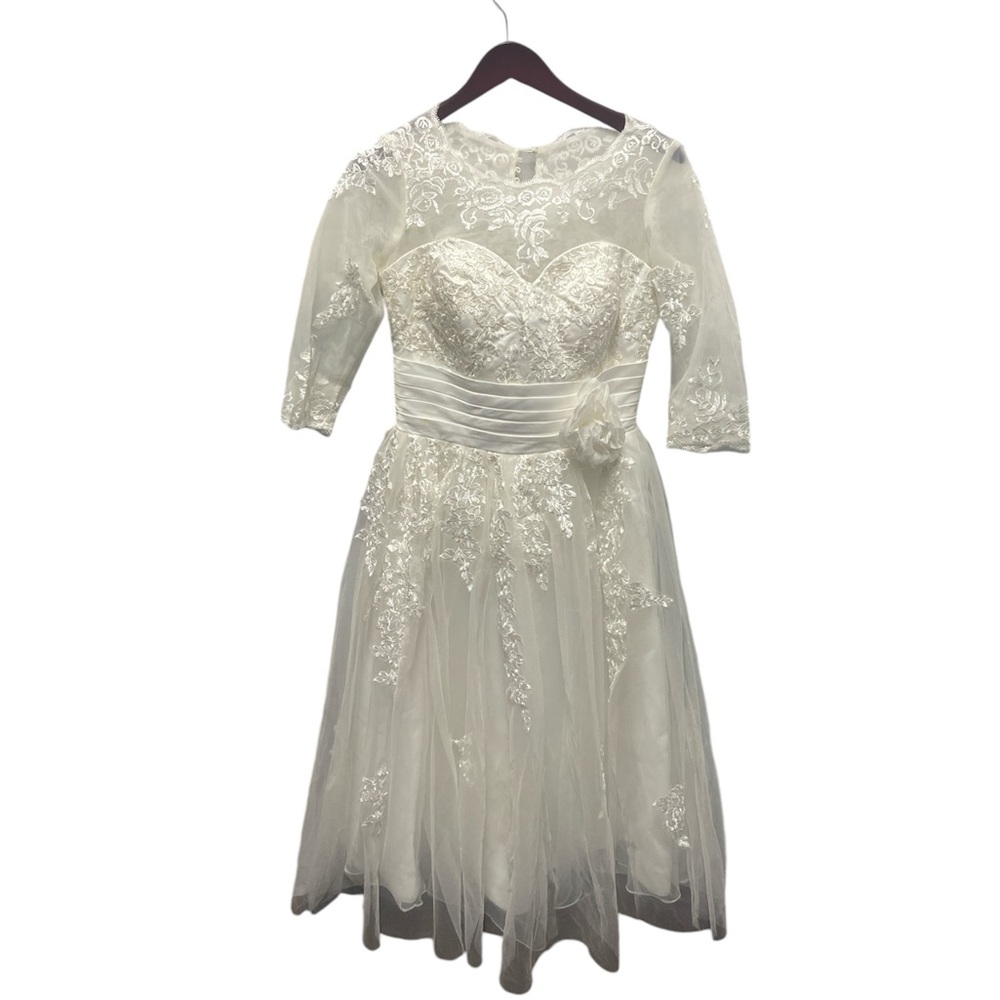 3/4 Sleeves Lace Short Tea Length Wedding Dress Gown